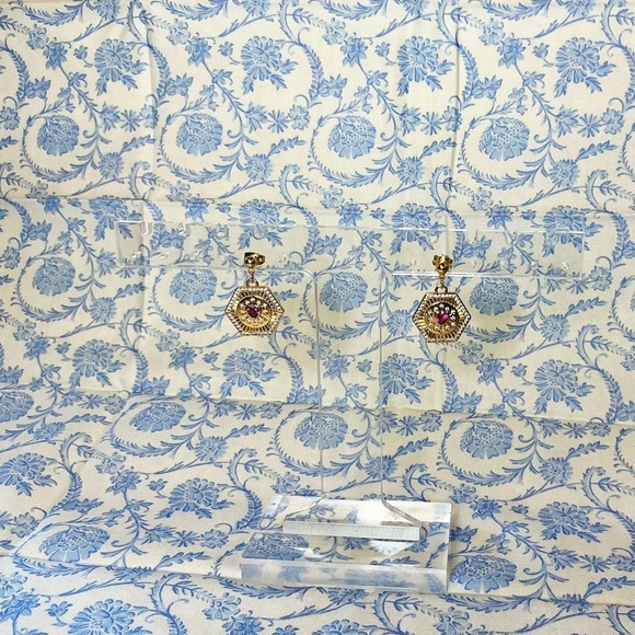 Gold Hexagon Cubic Zirconia CZ with Pink Garnet Earrings - Picture 6 of 9